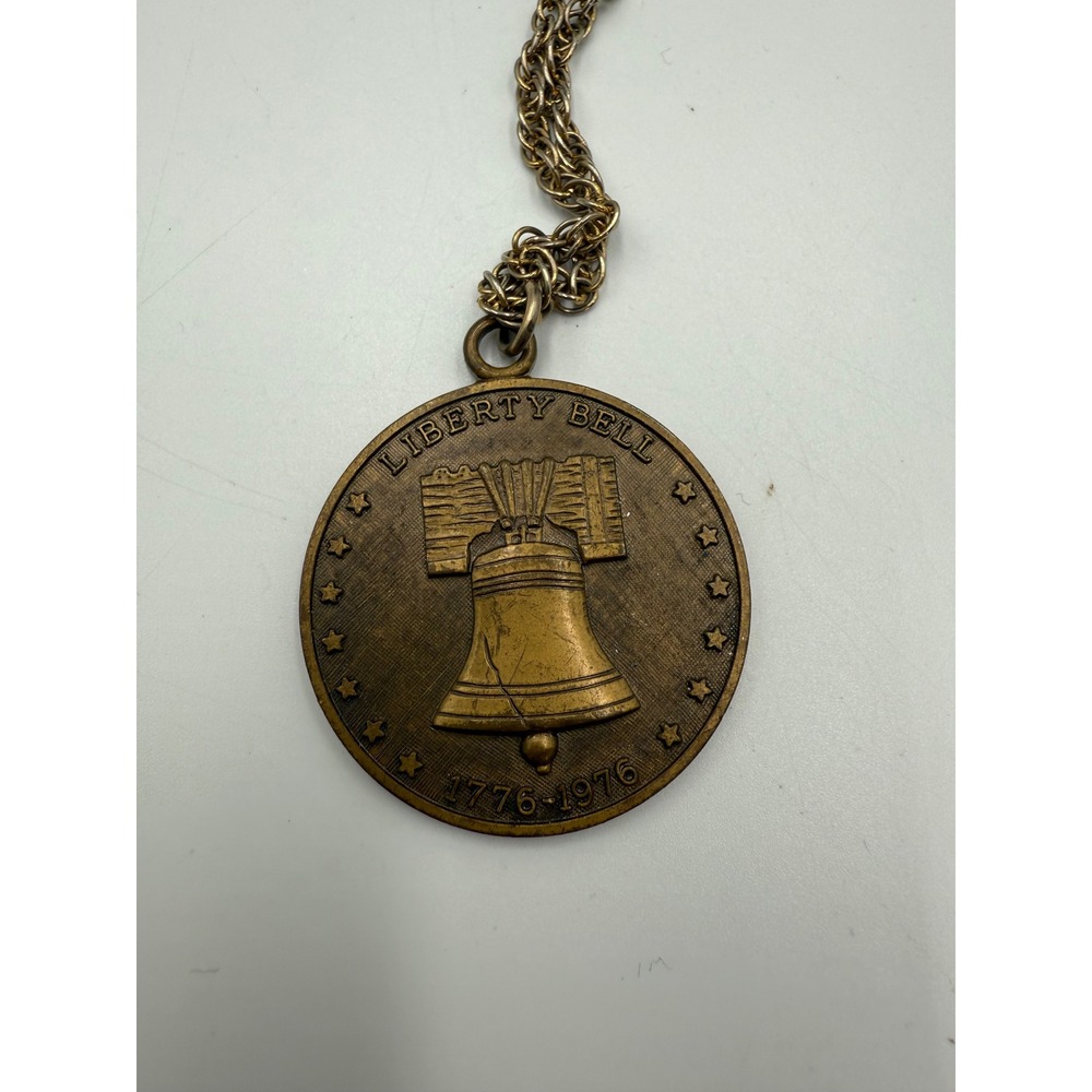 Vintage 1976 Bicentennial Liberty Bell Medallion Necklace Bronze Tone Eagle